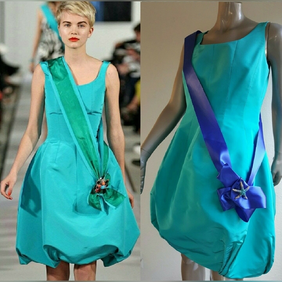 *$6,000 OSCAR DE LA RENTA AQUA SILK BUBBLE HEM PICASSO RUNWAY DRESS US 8 - Picture 2 of 11